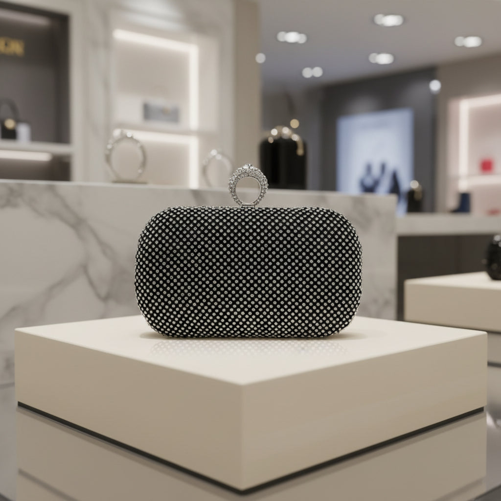 'The Gala' Crystal Clutch | Rhinestone Evening Bag with Finger Ring & Detachable Chain