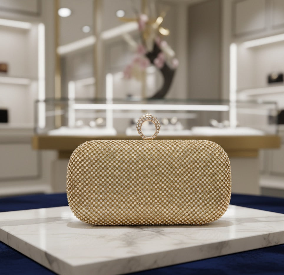 'The Gala' Crystal Clutch | Rhinestone Evening Bag with Finger Ring & Detachable Chain