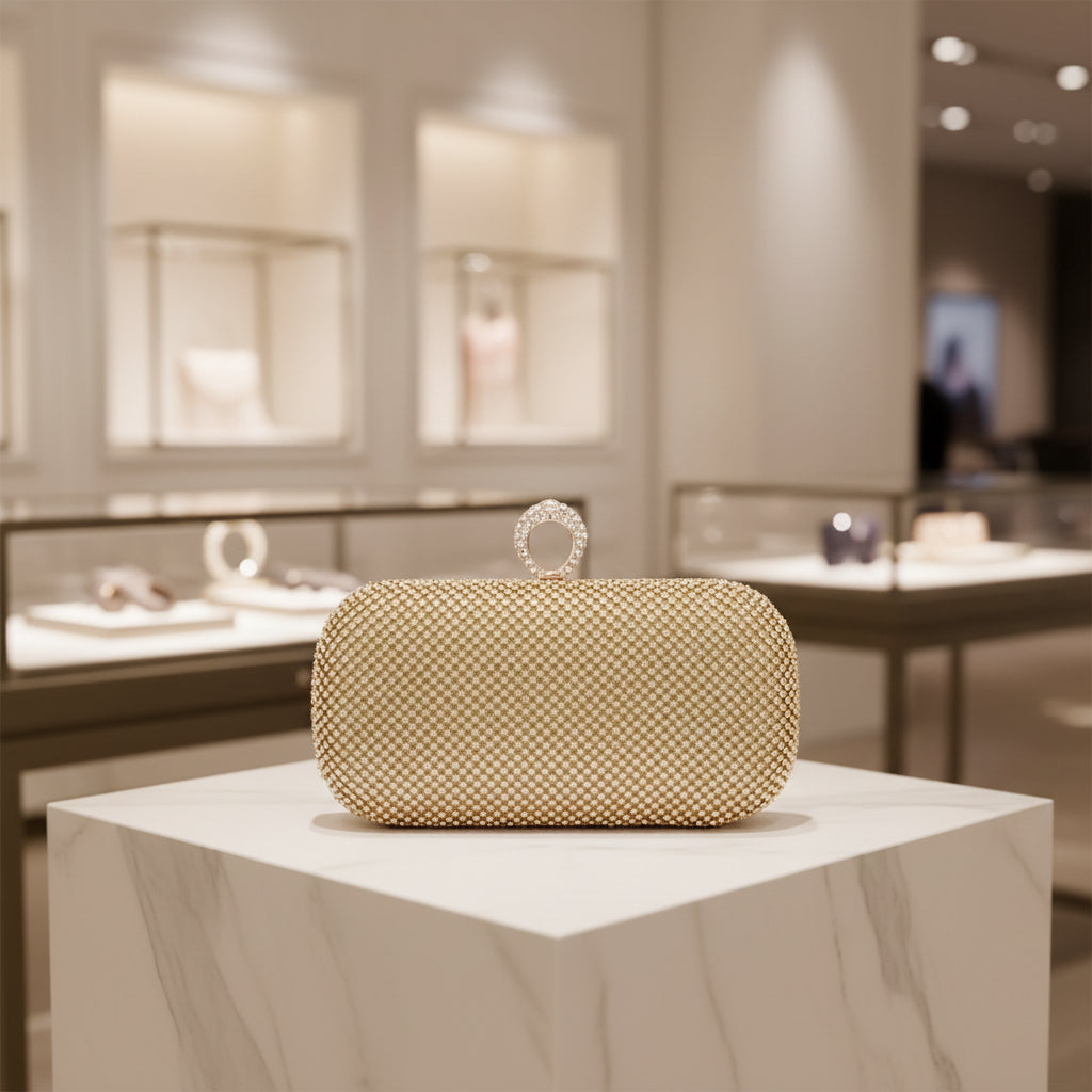 'The Gala' Crystal Clutch | Rhinestone Evening Bag with Finger Ring & Detachable Chain