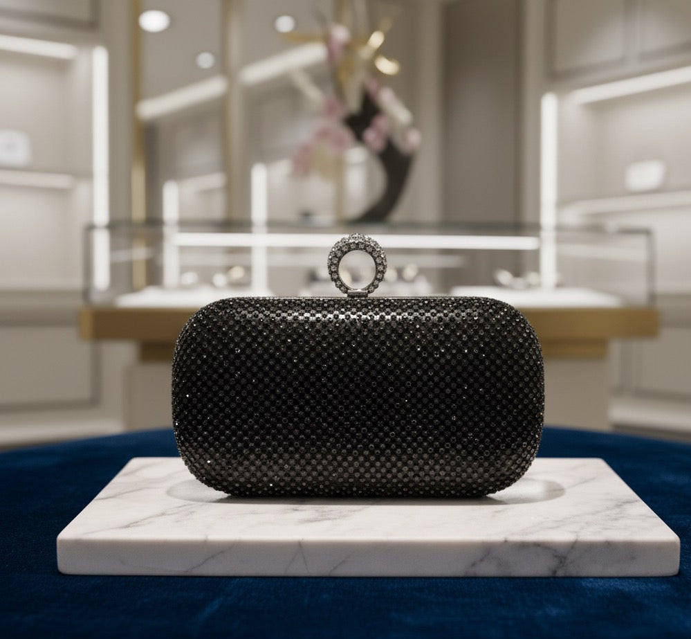 'The Gala' Crystal Clutch | Rhinestone Evening Bag with Finger Ring & Detachable Chain