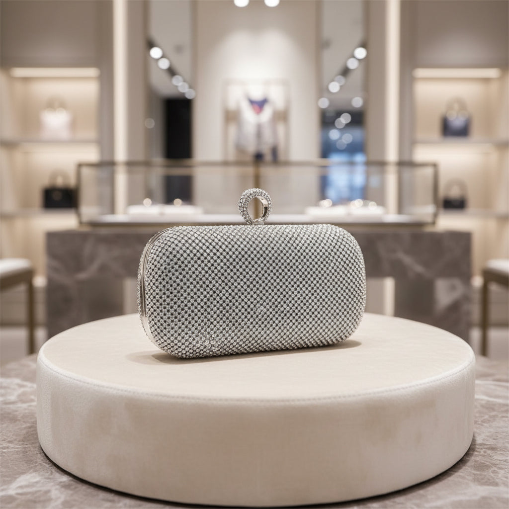 'The Gala' Crystal Clutch | Rhinestone Evening Bag with Finger Ring & Detachable Chain